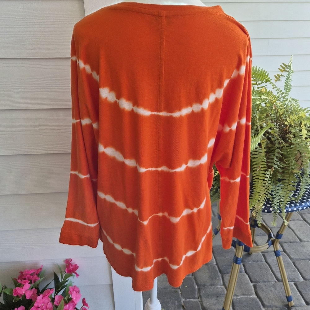 J. Jill Orange Shibori Tie Dye Top Large Cotton Modal Dolman Sleeve Relaxed Fit - Picture 6 of 11